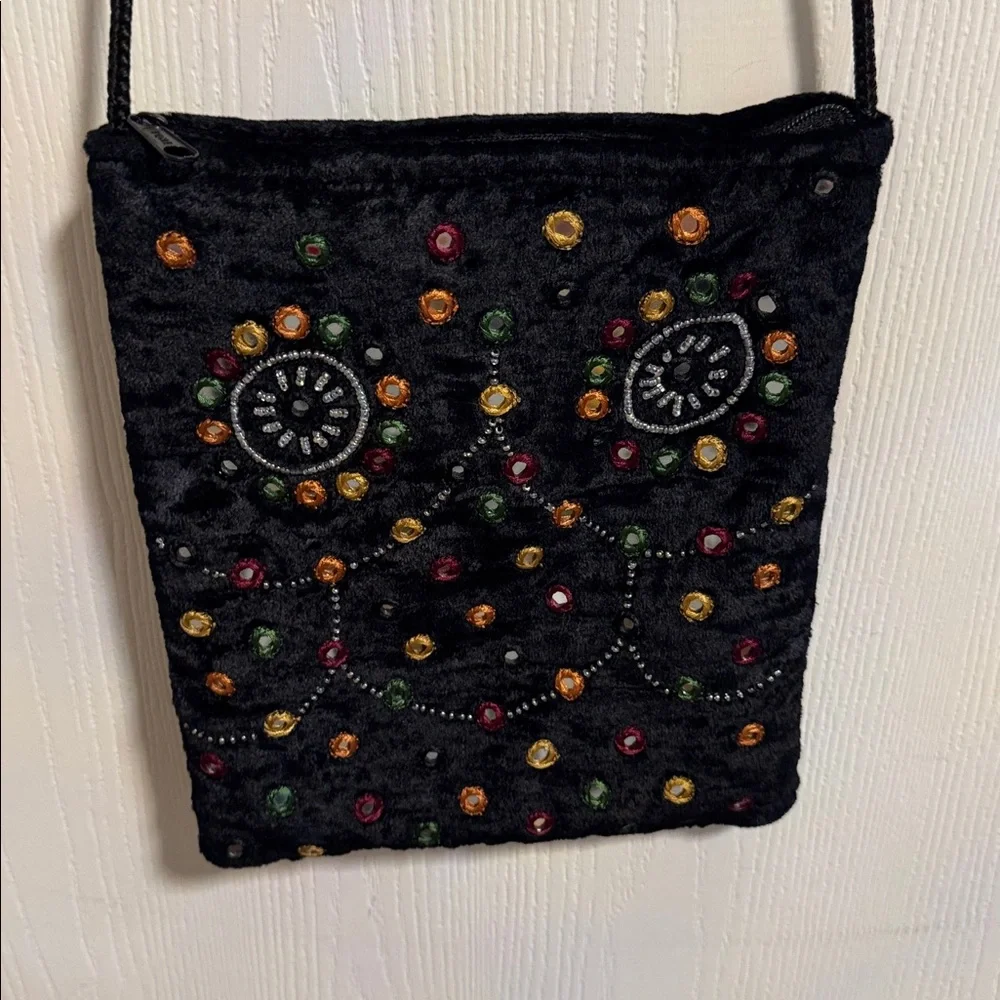 Velvet Beaded Black Crossbody Bag Colorful Design Classy Bohemian Zipper Close‎